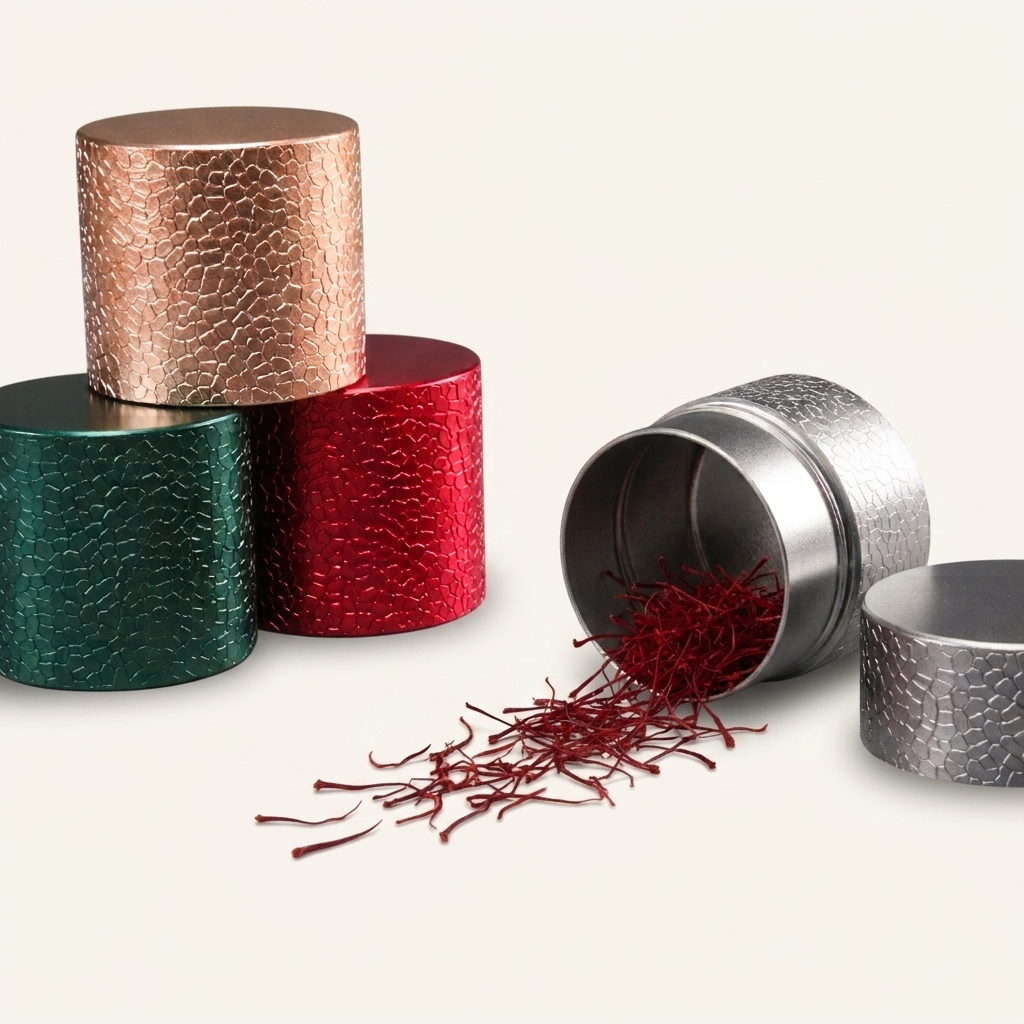 ChefsGram embossed aluminium saffron tins with loose mongra strands